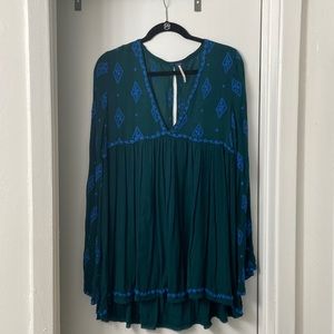 Small Free people dress, forest green with blue embroidery